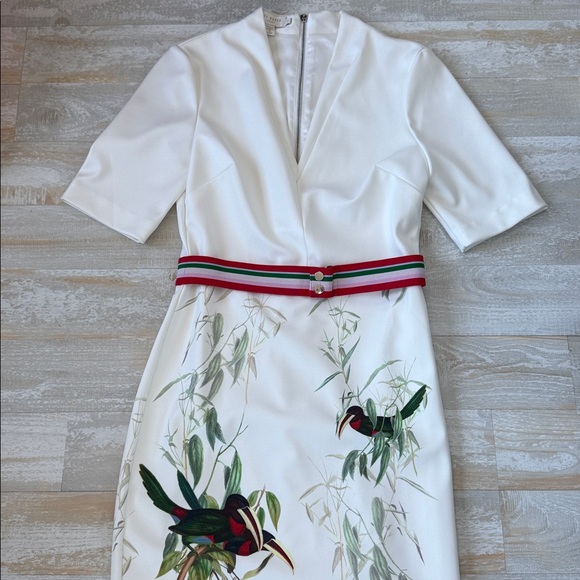 Ted Baker London Dresses & Skirts - Ted Baker London White Midi Dress with Green & Red Belt and Botanical Bird Print